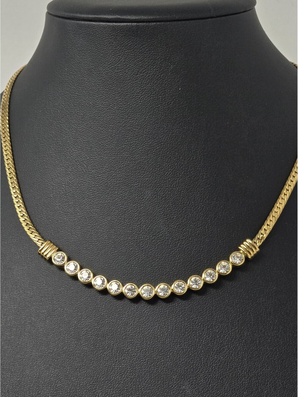 Swarovski Swan Signed Gold Tone Crystal Bezel Necklace 16